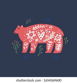 Red bear hand drawn flat vector illustration. Cartoon abstract color animal in scandinavian style.