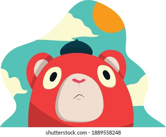red bear with a hat in the sun and clouds and blue sky