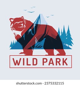 roter Bär auf blauem Hintergrund. Isographeneffekt. National Wild Park. Vektorgrafik