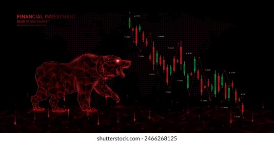 Red bear shapes polygon facing candlestick on black world map. Stock market trends chart. Pessimism prices going down. Analysis business strategy financial investment. Banner vector EPS10.