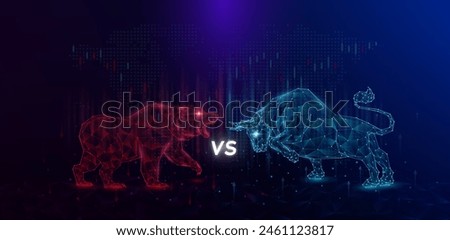 Red bear vs blue bull shapes polygon facing each other. Bullish and bearish symbols of stock market trends down and up growth chart. Analysis business strategy financial investment. Banner vector.