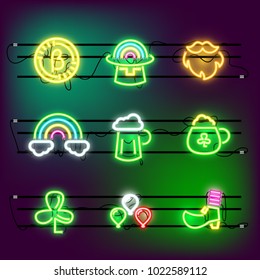 Red beard, heart shoes of leprechaun gold bitcoin. St Partrick Day icon set neon effect. Irish bulb element vector illustration. Green beer clover illuminated lamp billboard lights. Night club party.