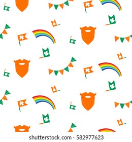 Red beard, rainbow and bunting seamless vector orange and white pattern.