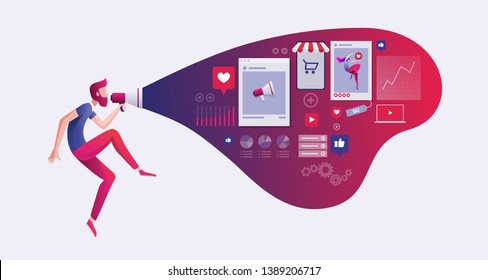 Red Bearded Man Is Holding A Megaphone And Announce Digital Marketing Related Things. Vector Concept Illustration.