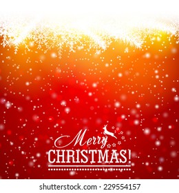 Red beautiful Background with snow, tree branches and particles. Merry Christmas and happy new year. Vector illustration