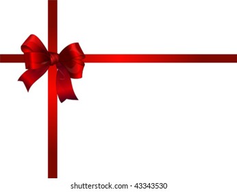 Red Beautiful bow and ribbon on the top of the gift box, vector. Isolated on white