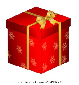 Red Beautiful bow and ribbon on the top of the golden gift box with snowflake, vector. Christmas concept 
