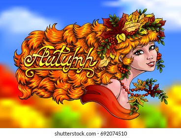 The red beautiful girl with a wreath from leaves and berries of a mountain ash colorfull and lettering autumn on indistinct autumn landscape. Vector illustration. Horizontal banner.