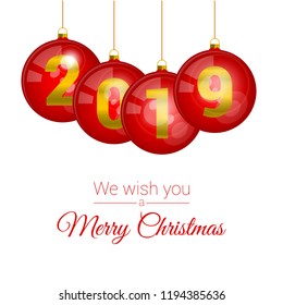 Red Beautiful Glossy Vector Christmas Balls. Greeting Card Template. Merry Christmas, Happy New Year Design Elements. Resource for Creating Postcards, Calendars or Posters, Presentations or Banners.