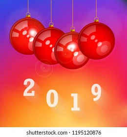Red Beautiful Glossy Vector Christmas Balls. Greeting Card Template. Merry Christmas, Happy New Year Design Elements. Resource for Creating Postcards, Calendars or Posters, Presentations or Banners.