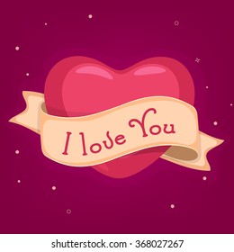 Red beautiful heart with text I Love You on ribbon for Happy Valentine's Day celebration.