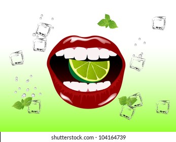 Red beautiful lips with lime, mint and ice cubes