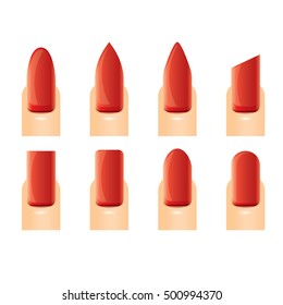 Red beautiful Nail shape icons set. Types of fashion nail shapes collection. Vector nails isolated on white