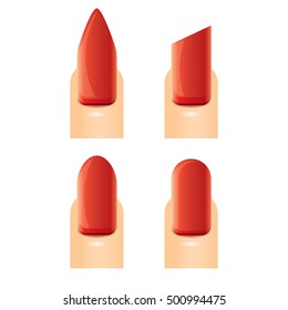 Red beautiful Nail shape icons set. Types of fashion nail shapes collection. Vector nails isolated on white