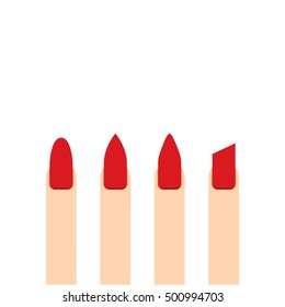 Red beautiful Nail shape icons set. Types of fashion nail shapes collection. Vector nails isolated on white