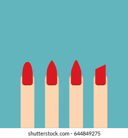 Red beautiful Nail shape icons set. Types of fashion nail shapes collection. Vector nails isolated on blue background