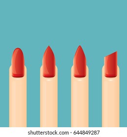 Red beautiful Nail shape icons set. Types of fashion nail shapes collection. Vector nails isolated on blue background