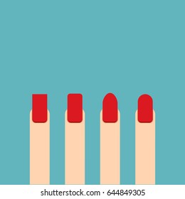Red beautiful Nail shape icons set. Types of fashion nail shapes collection. Vector nails isolated on blue background
