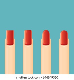 Red beautiful Nail shape icons set. Types of fashion nail shapes collection. Vector nails isolated on blue background