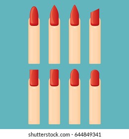 Red beautiful Nail shape icons set. Types of fashion nail shapes collection. Vector nails isolated on blue background