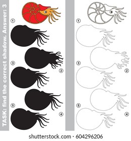 Red Beautiful Nautilus with different shadows to find the correct one, compare and connect object with it true shadow, the educational kid game with simple gaming level.