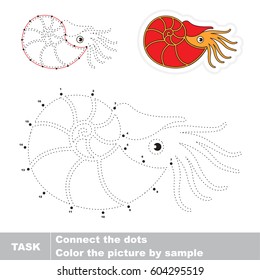 Red Beautiful Nautilus. Dot to dot educational game for kids.