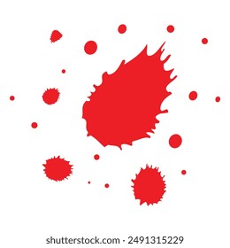 Red Beautiful vector illustration of set of ink blots or blood stains drops and splashes on a white background