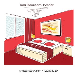 Red bedroom interior.Vector hand drawing modern home illustration