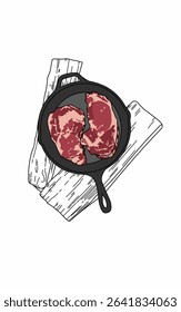 Red beef cooked in a cast iron skillet in outdoor kitchen 