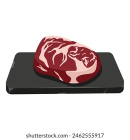 Red beef steak on stone tray. Rib eye. Pork meat whole piece. Vector illustration
