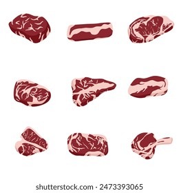 Red beef steaks collection. Set of raw delicious pieces of pork and beef. Cold cuts. Rib eye, tenderloin and brisket
