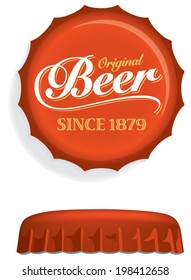 Red Beer Bottle Cap, Lid, Top Or Crown, With White Beer Script. Overhead And Side View. Drawn With Mesh Tool. Fully Adjustable & Scalable.