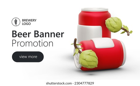 Red beer cans on light background. Bright advertising poster of beer products brewed from hops. Horizontal template with illustration and place for slogan. Clear button for user to go to your site
