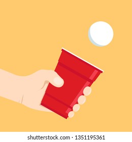Red beer cup and hand vector. Beer pong poster design.