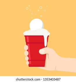 Red beer cup and hand vector. Beer pong poster design. hand vector.