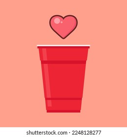 Red beer cup vector. Red plastic cup isolated on pink background. Valentine's day. Heart on plastic cup. svg