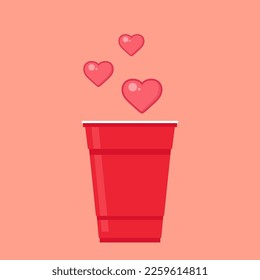 Red beer cup vector. Red plastic cup isolated on pink background. Valentine's day. Heart on plastic cup.