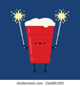 Red beer cup vector. Beer pong poster design. Red beer character. copy space. Sparklers vector.
