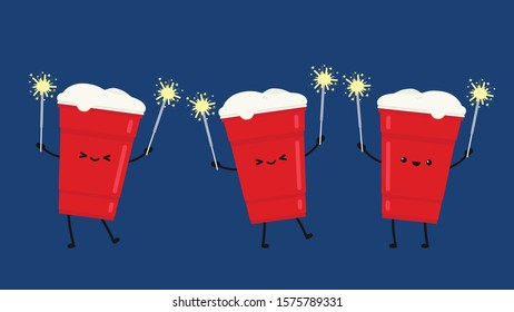 Red beer cup vector. Beer pong poster design. Red beer character. copy space. Sparklers vector.