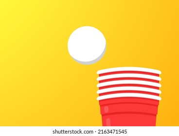 Red Beer Cup. Cup Vector.  Wallpaper. Vector Illustration Of Beer Pong Shot With Pingpong Ball.