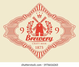 Red beer label with windmill, laurel wreath and inscription Brewery in a figured frame isolated on a light background. Vector emblem, sticker, tag or badge in retro style for brewery, pub, bar, shop