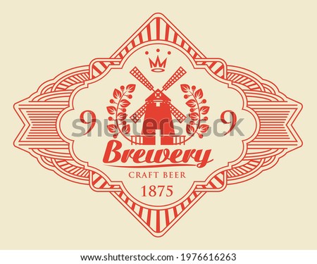 Red beer label with windmill, laurel wreath and inscription Brewery in a figured frame isolated on a light background. Vector emblem, sticker, tag or badge in retro style for brewery, pub, bar, shop