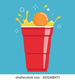 Red Beer Pong Illustration. Plastic Cup And Ball With Splashing Beer. Traditional Party Drinking Game. Vector