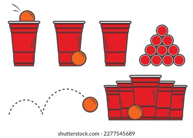 Red beer pong illustration. Plastic cup and ball with splashing beer. Traditional party drinking game. Vector illustration.