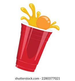 Red beer pong illustration. Plastic cup and ball with splashing beer. Traditional party drinking game. Vector illustration.