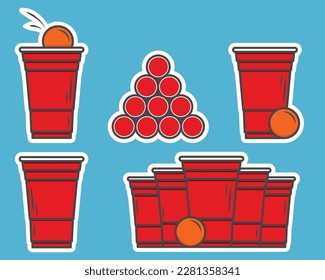 Red beer pong illustration. Plastic cup and ball with splashing beer. Traditional party drinking game. Vector illustration.