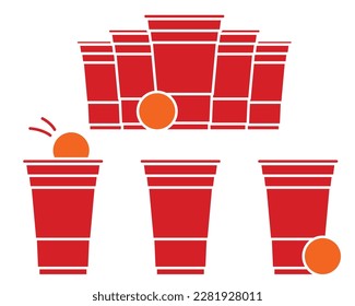 Red beer pong illustration. Plastic cup and ball with splashing beer. Traditional party drinking game. Vector illustration.