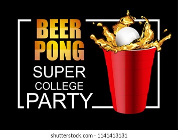 Red Beer Pong plastic cups with ball. Traditional drinking game vector illustration.