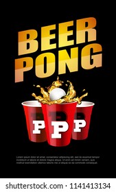 Red Beer Pong plastic cups with ball. Traditional drinking game vector illustration.