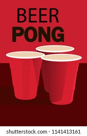 Red Beer Pong plastic cups with ball. Traditional drinking game vector illustration.
